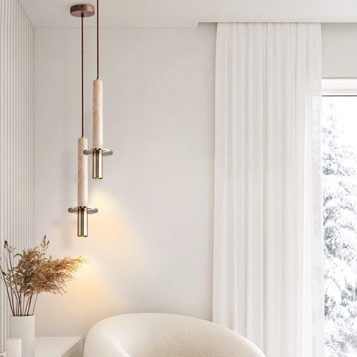Minimalist Slim Elongated Travertine Metal Pendant Lamp S276