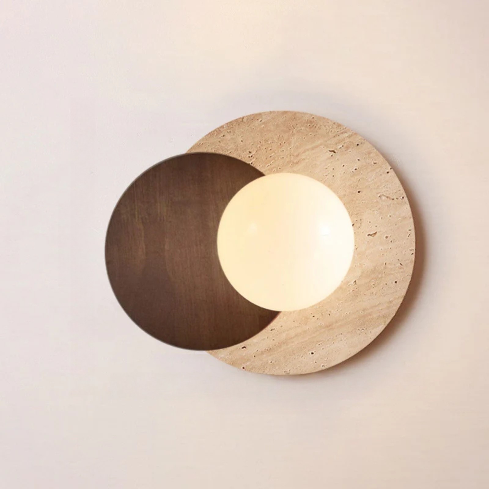 Contemporary Disc Travertine And Wood Dual Tone Wall Sconce S322