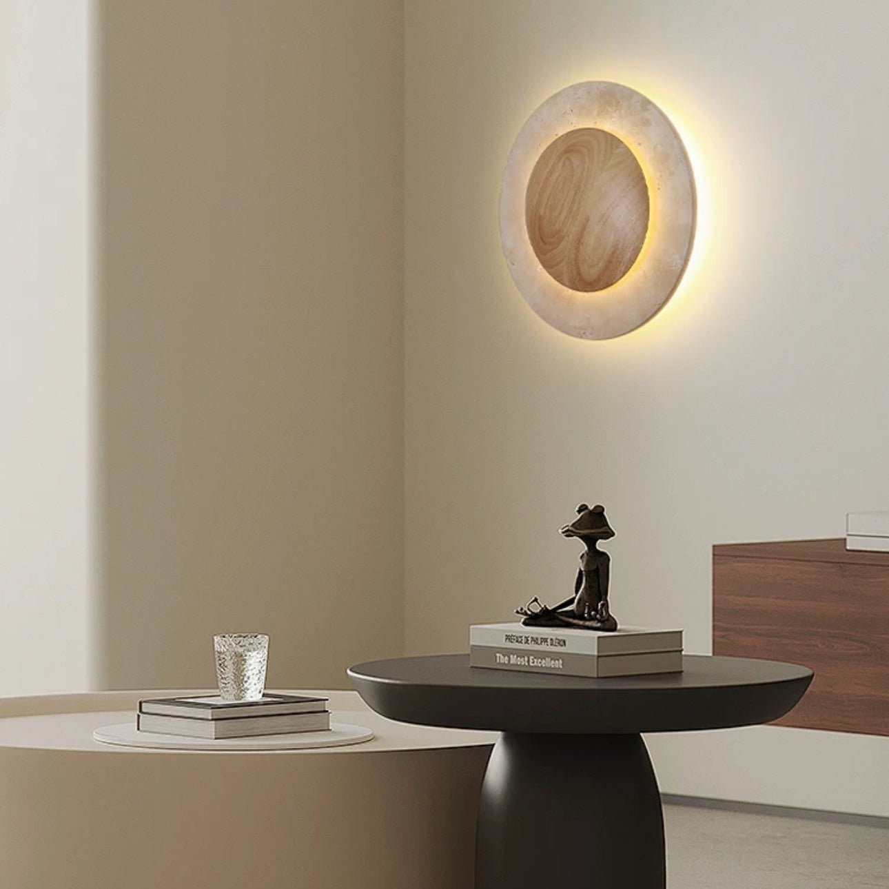 Round Travertine Wood Wall Light T2104