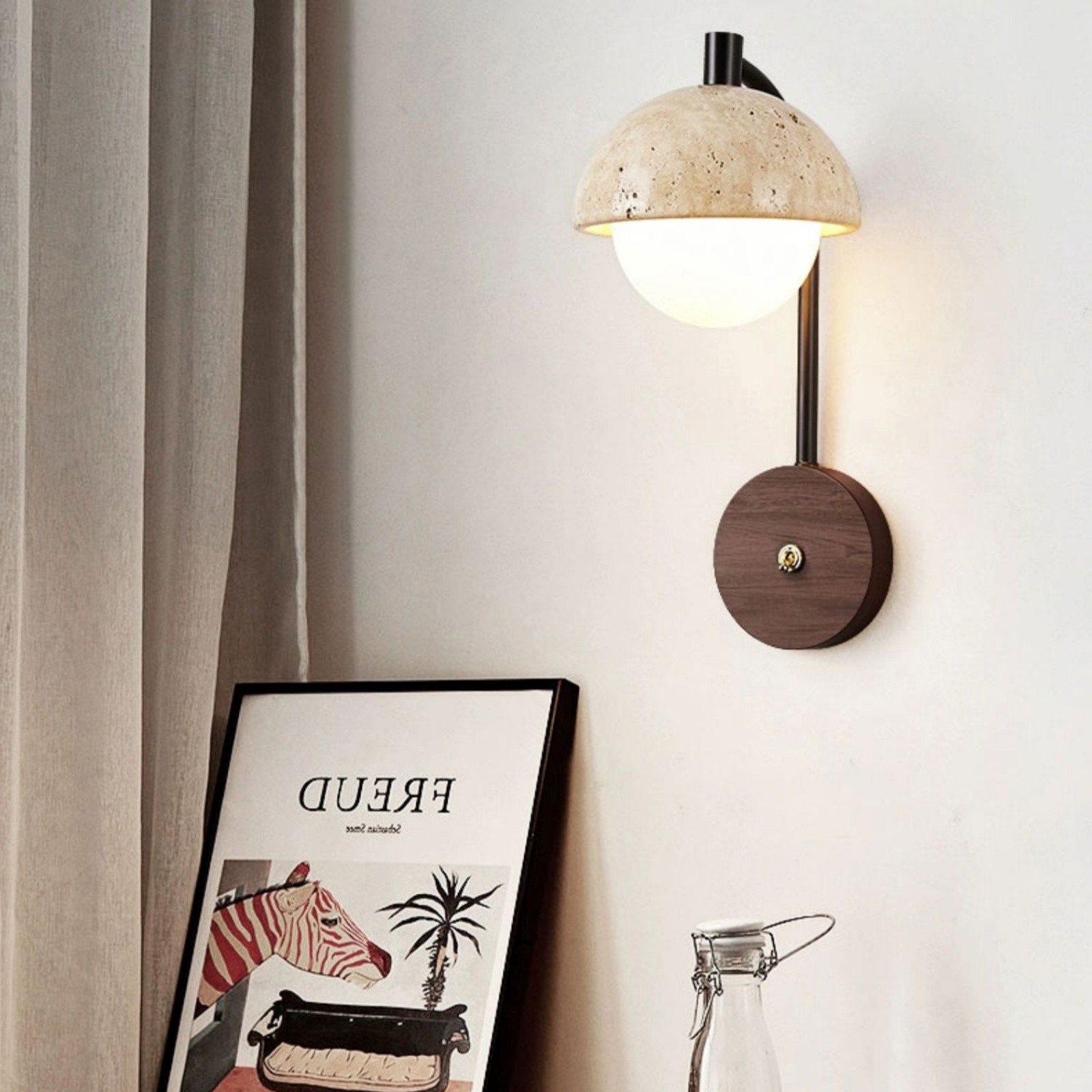 Rustic Travertine Wall Lamp With Curved Metal Arm And Wood Mount S313