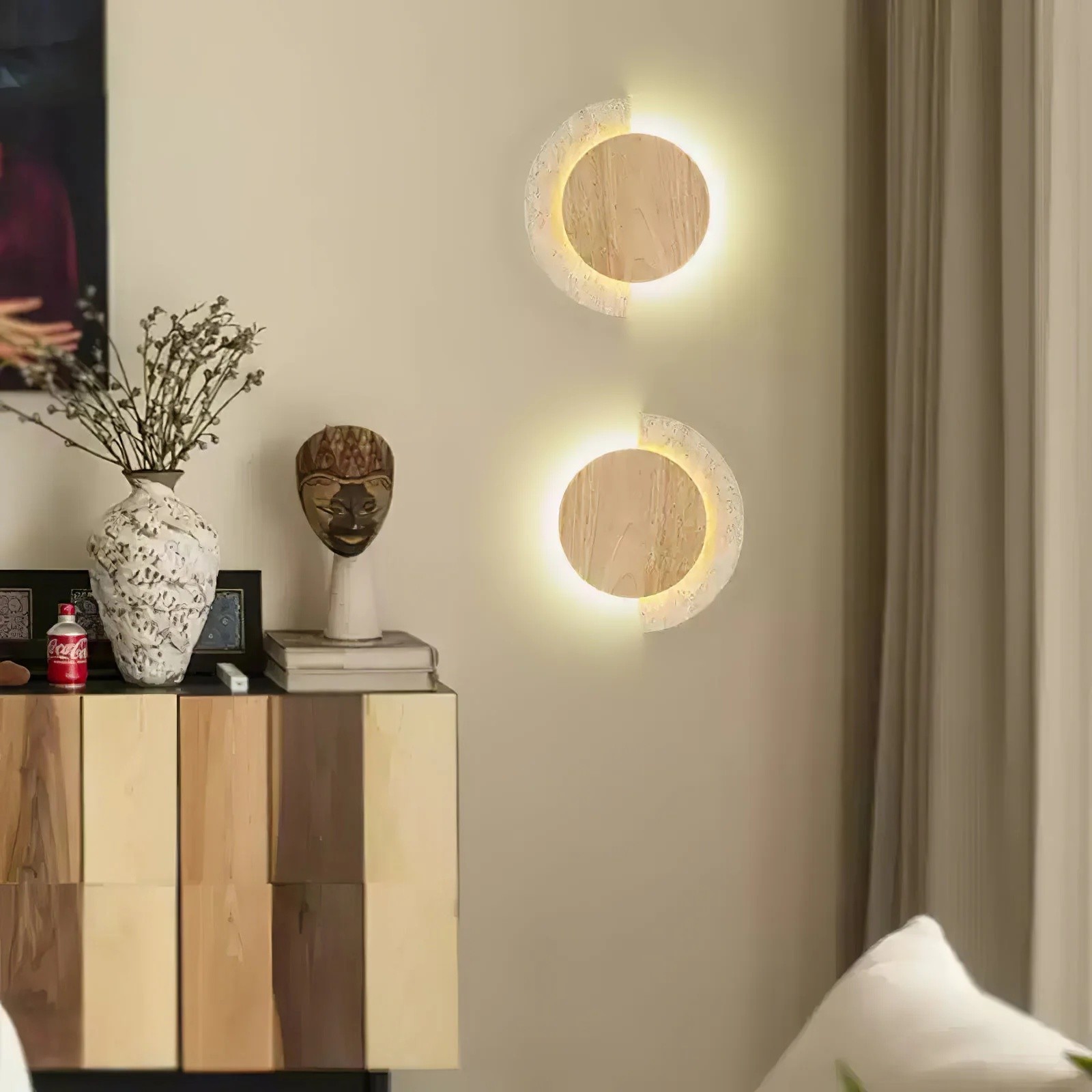 Modern Half Moon Travertine & Wood Ambient Wall Sconce S316