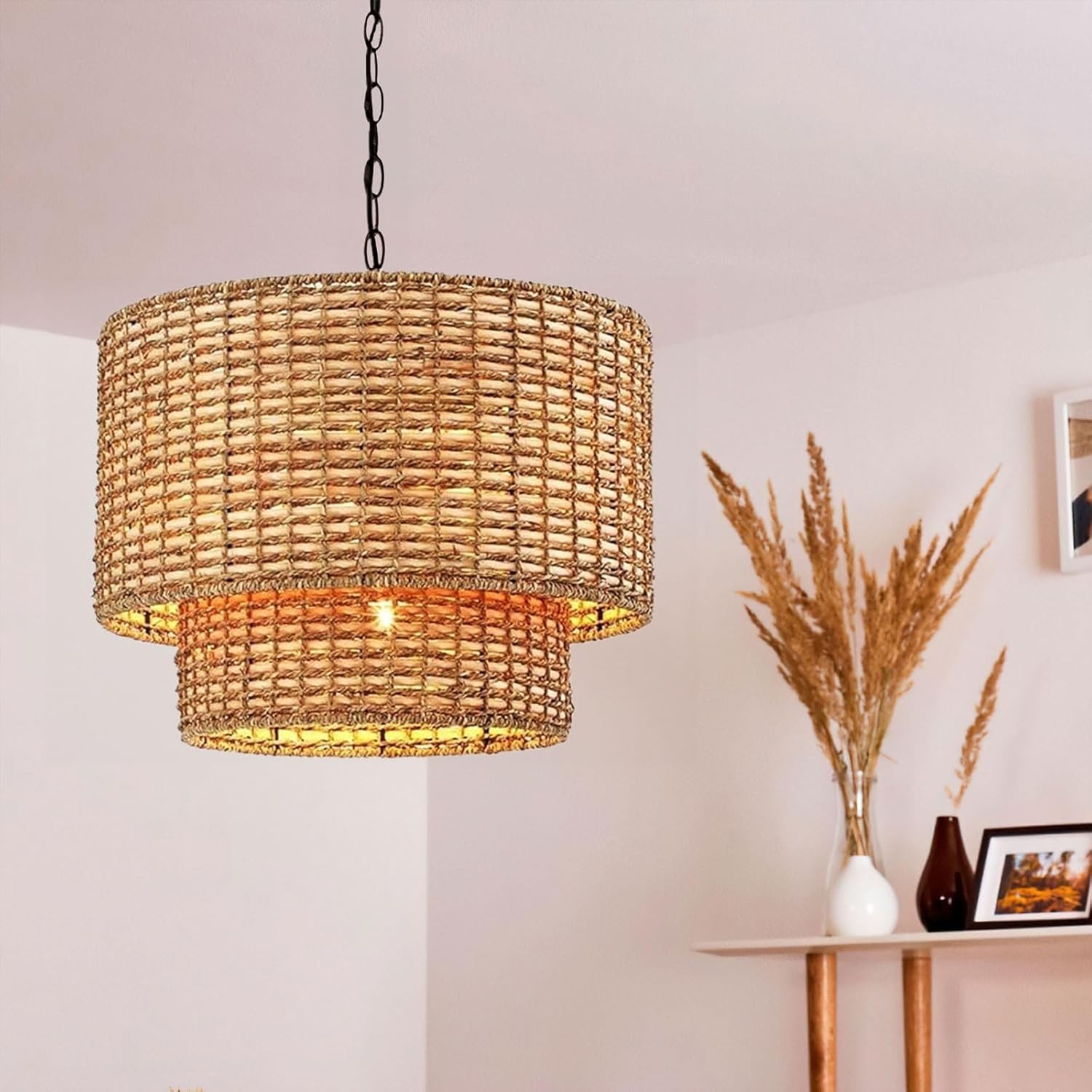 Natural Rattan Double Drum Pendant Light With Black Canopy G02