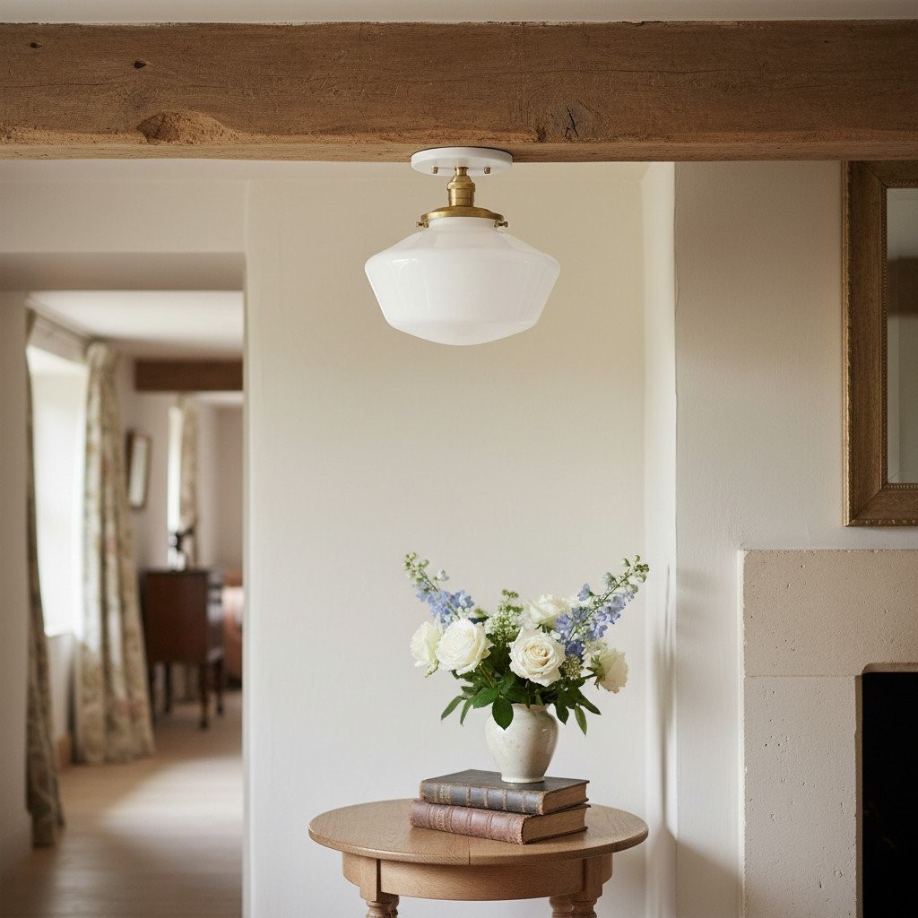 Geotower Glass Brass Ceiling Light - Opal Glass Schoolhouse Shade - Modern Elegance T370