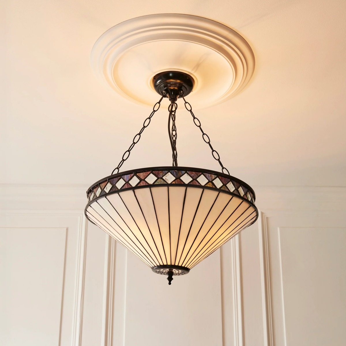 TF Fargo Adjustable Pendant with Stained Glass Inspired Inverted Shade for Island and Dining T981