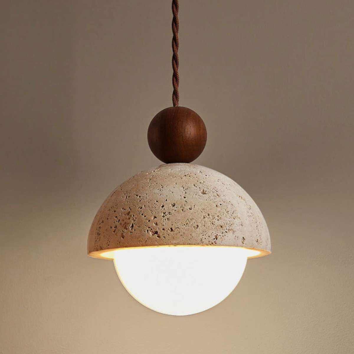 Beige Stone Umbrella Pendant Lamp With Wooden Sphere Accent S270