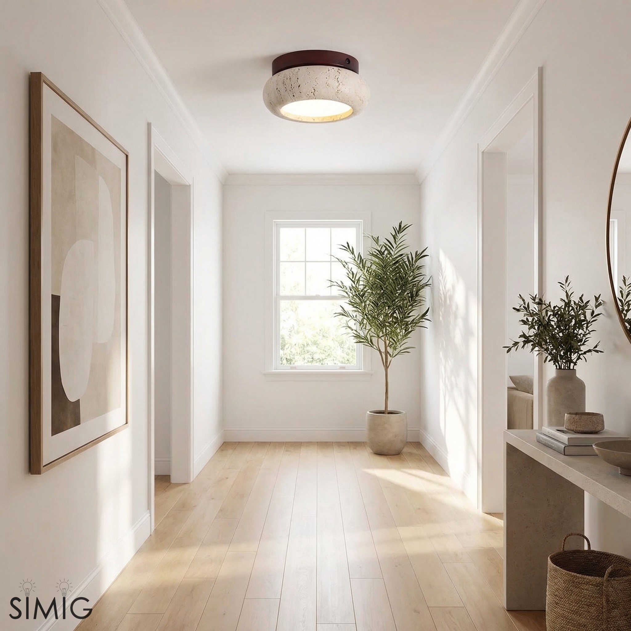 Minimal Bowl Ceiling Fixture in Stone Look - Wood Tone Base Light S299