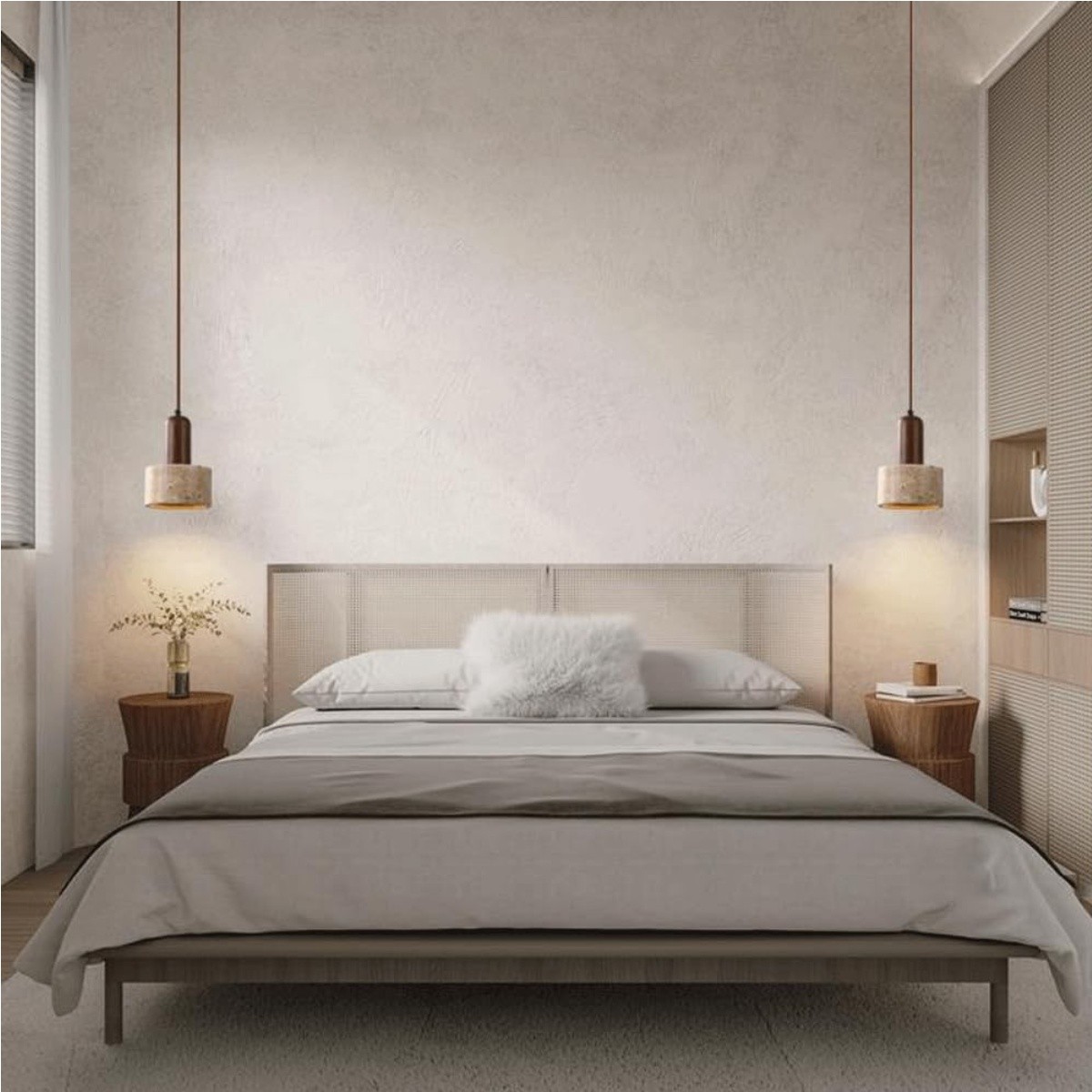 Minimalist Travertine Pendant Light With Wooden Top S264