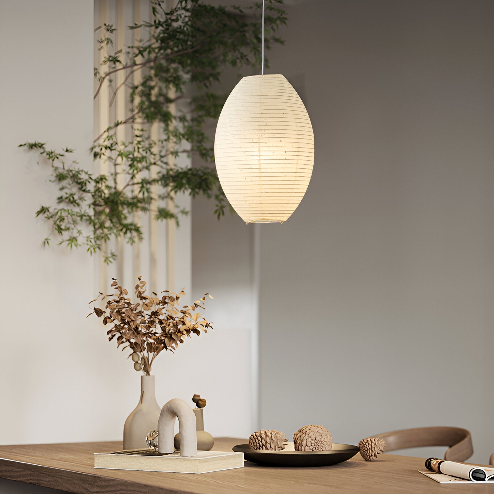 Traditional Japandi Wabi-Sabi Elliptical Paper Pendant Light T2166