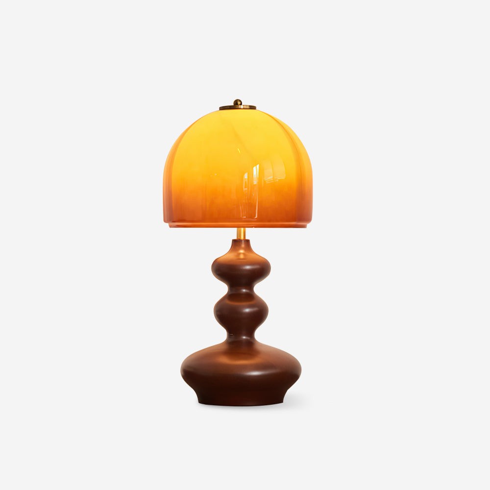 Vintage Amber Glass Lampshade Wooden Base Table Lamp P077