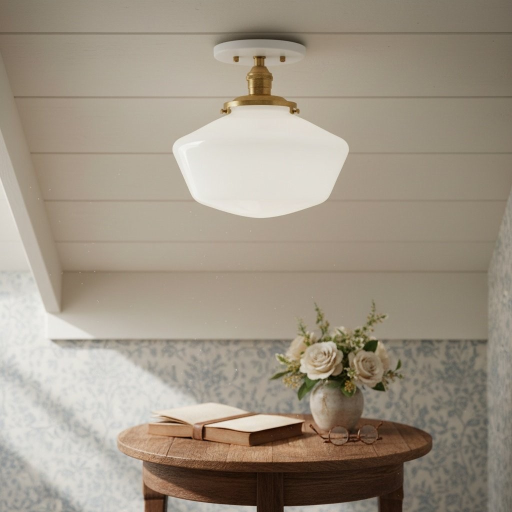 Geotower Glass Brass Ceiling Light - Opal Glass Schoolhouse Shade - Modern Elegance T370