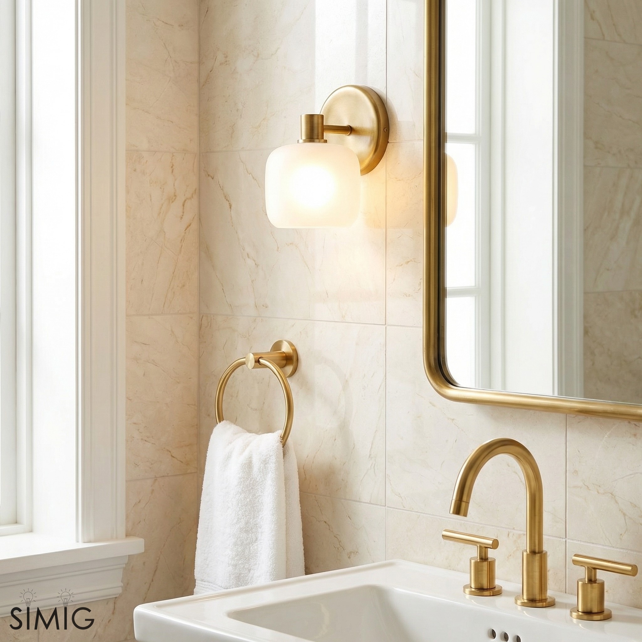 Lirra Frosted Glass Wall Sconce - Brass Look for Bathroom Vanity T758