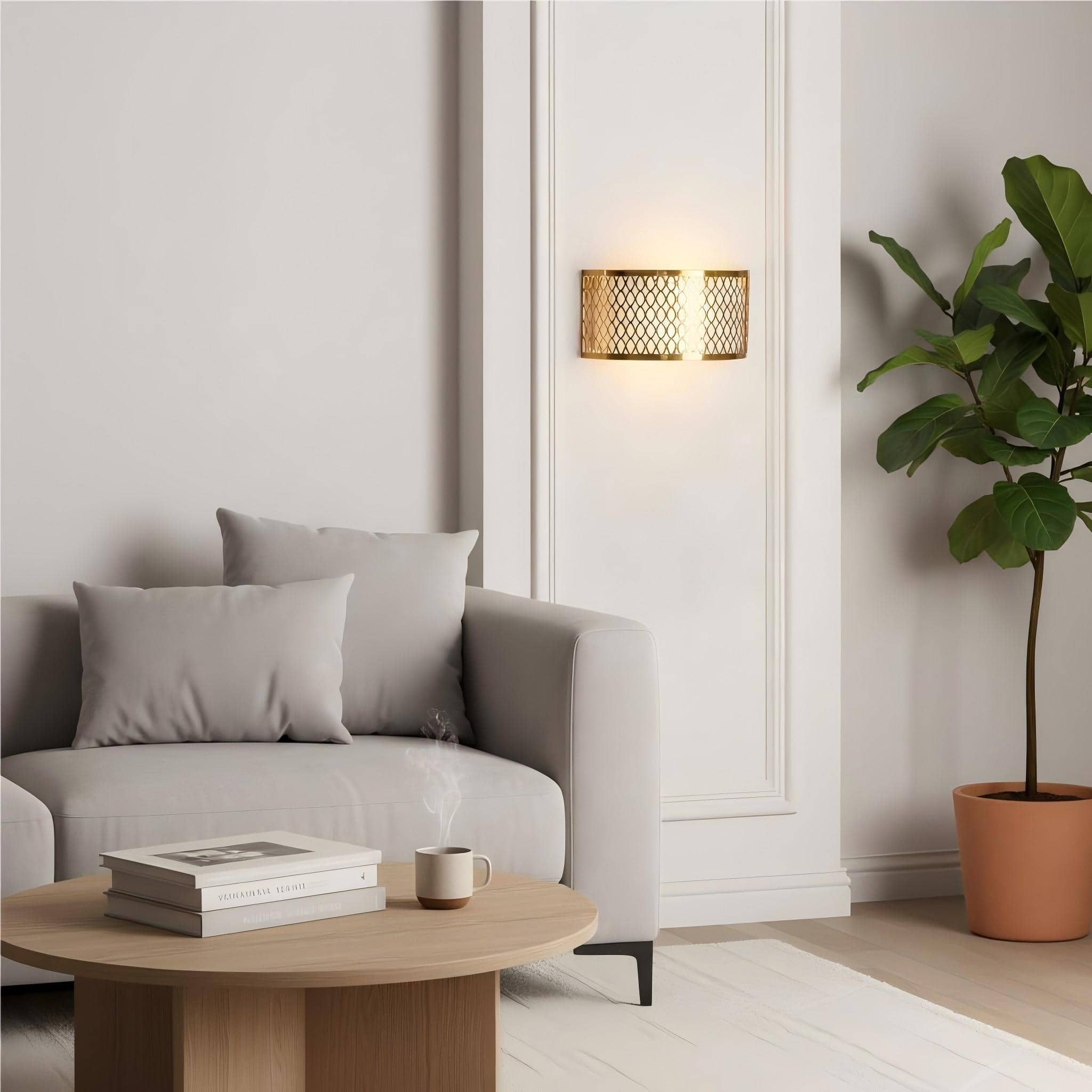 Liorin Fretwork Wall Light - Modern Curved Metal and Fabric Shade Sconce for Hallway or Bedroom T995