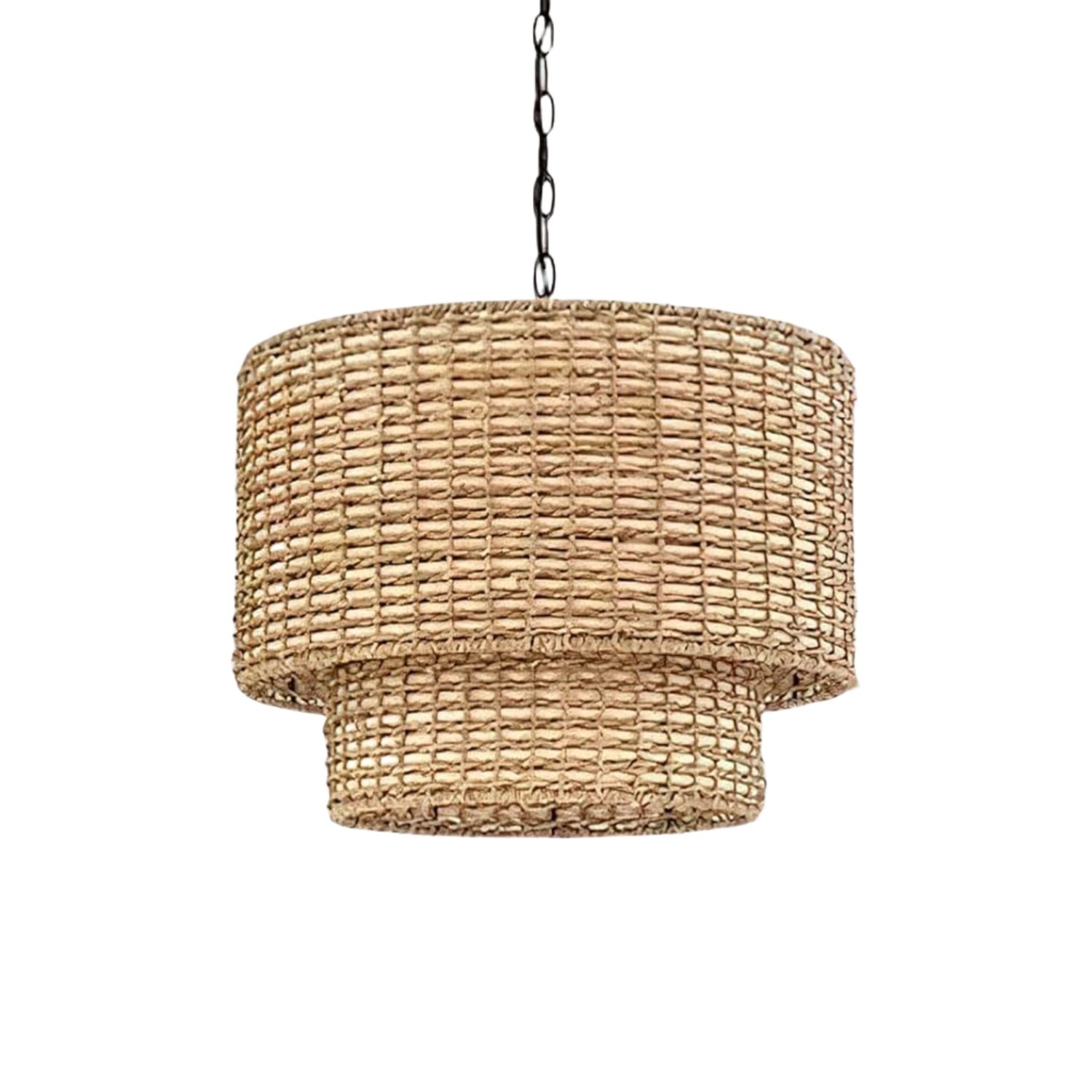 Natural Rattan Double Drum Pendant Light With Black Canopy G02