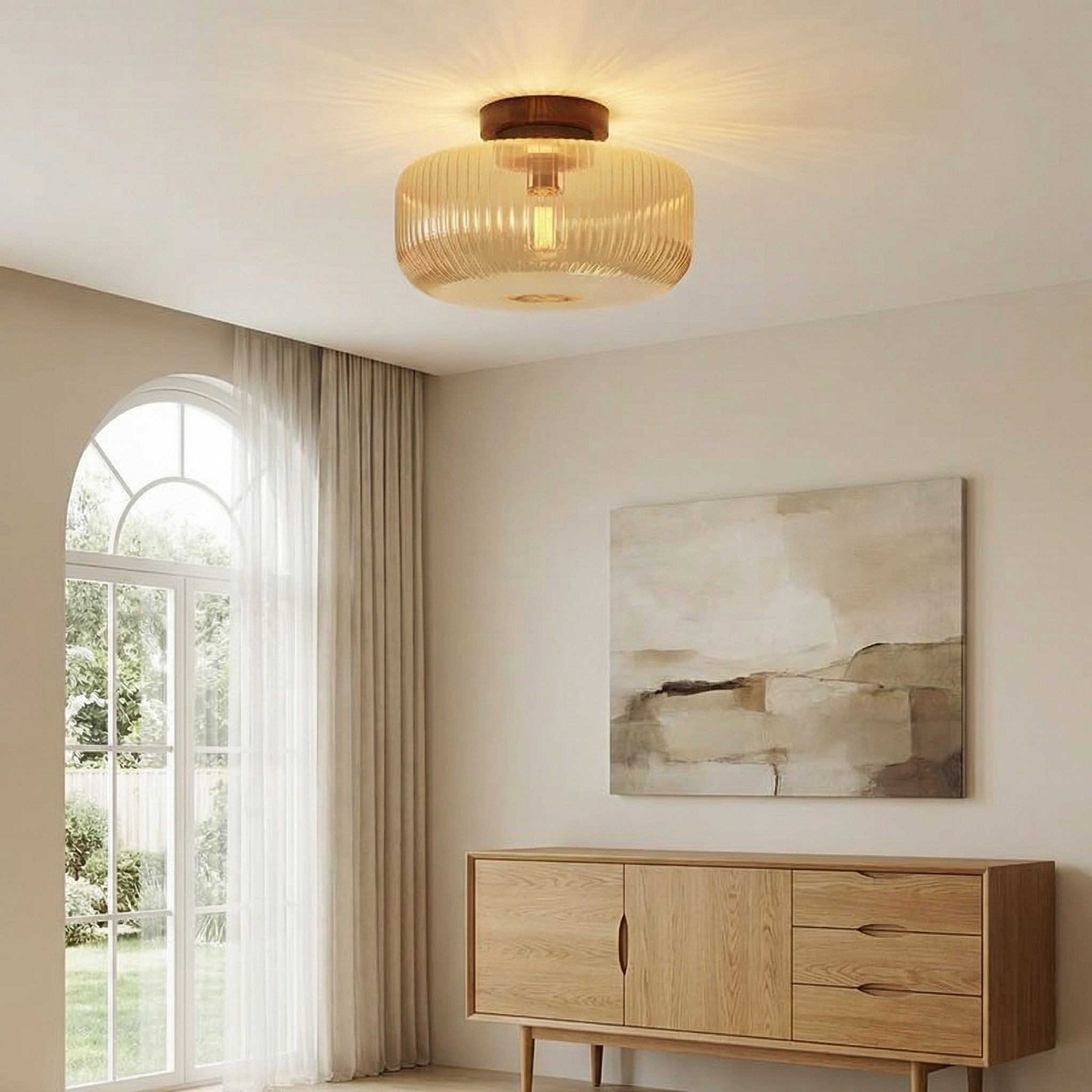 Amberflow Amber Fluted Glass Ribbed Flush Mount Ceiling Light - Vintage Entryway T1094
