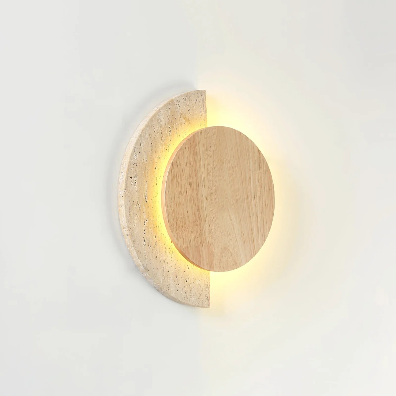 Modern Half Moon Travertine & Wood Ambient Wall Sconce S316