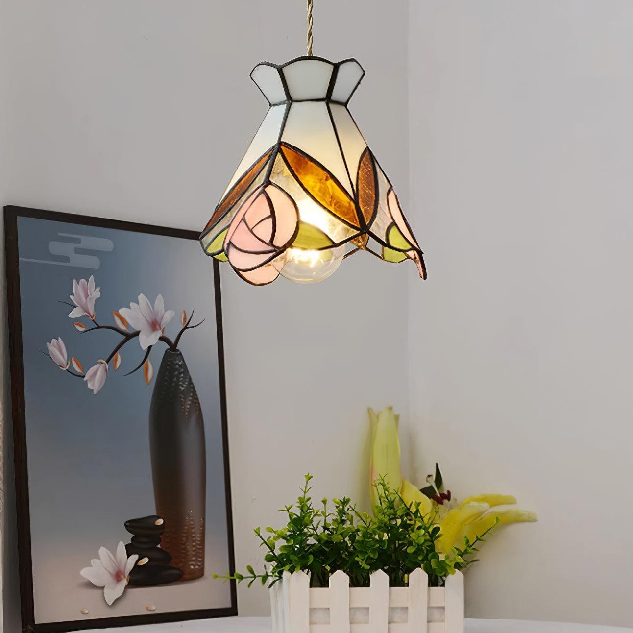 French Retro Rose Stained Glass Pendant Lamp M89