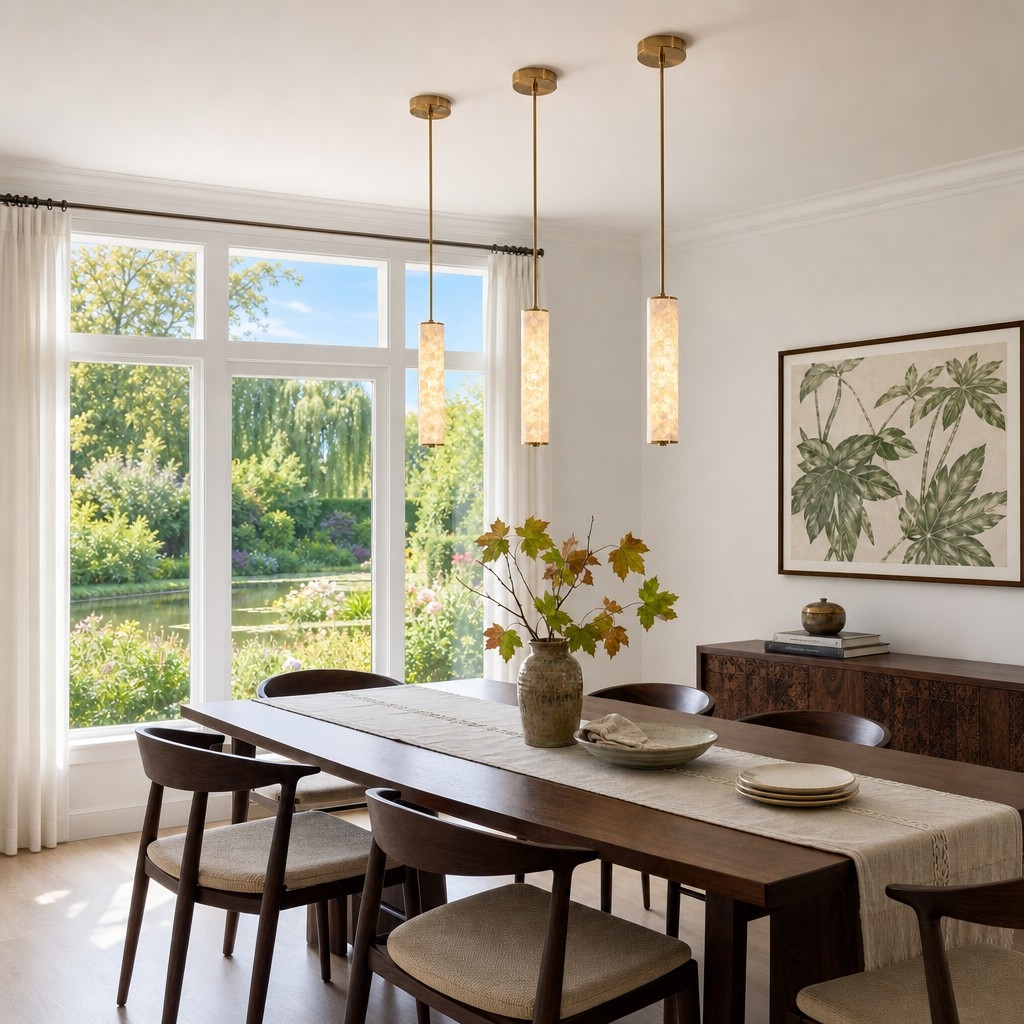 Nacrelith Capiz Shell Cylinder Brass Pendant Light - Nordic Bedroom Lighting T2217