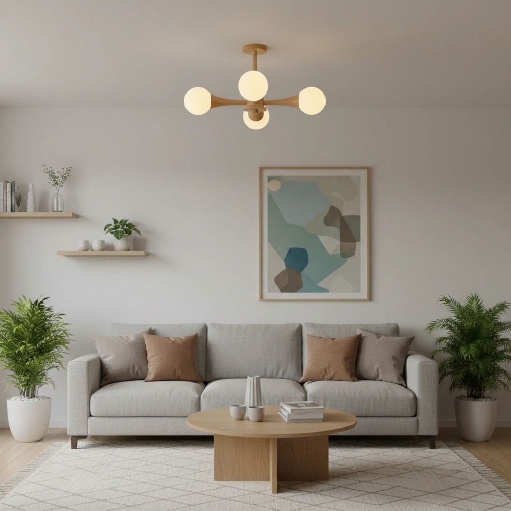 Novalune Multi-Light Glass Globe Chandelier with Wood Frame - Japanese Zen Style for Living Room T1155