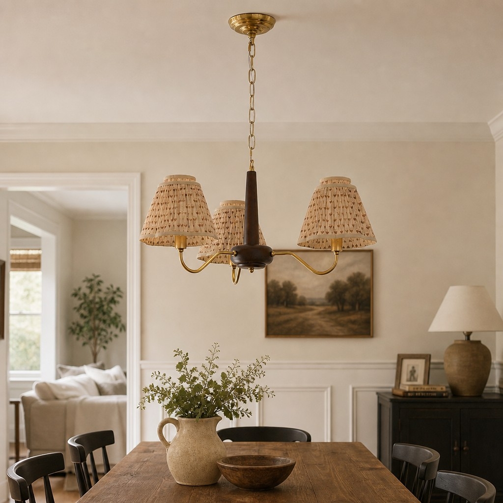 Solmire Rustic Chandelier - Wooden Mental Frame with Fabric Shades for Living Room T2208
