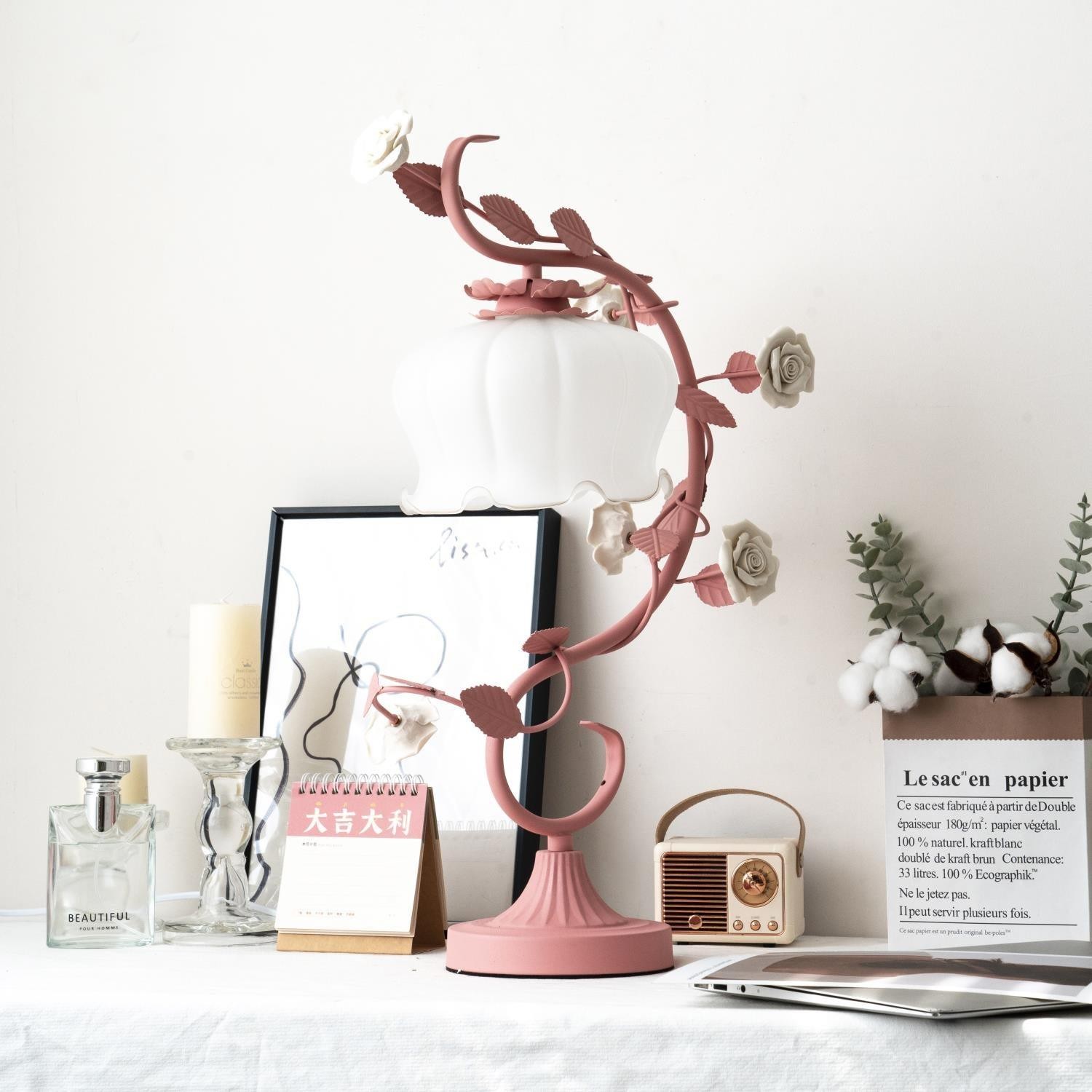 Green Pink White Rose Flower Table Lamp M107