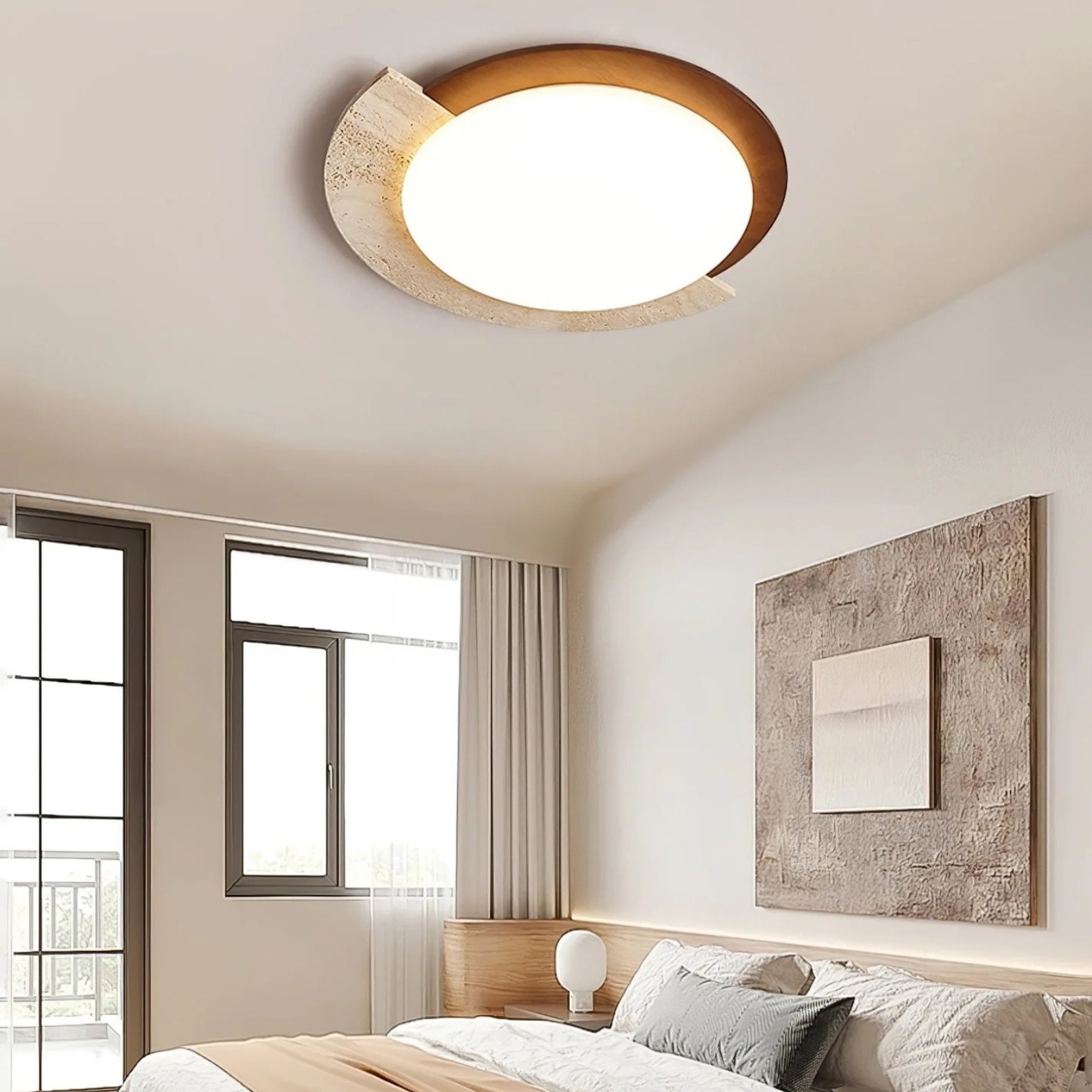 Half Moon Splicing Design Travertine & Wood Ceiling Lamp S292