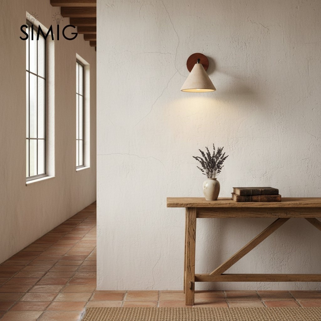 Textured Travertine Cone Wall Light - Minimalist Bedroom Sconce M56