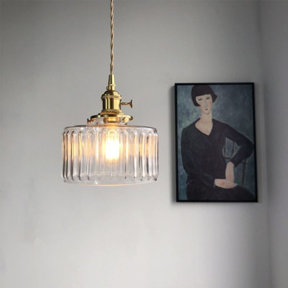 Vintage Cylinder Ribbed Glass Pendant Light S136