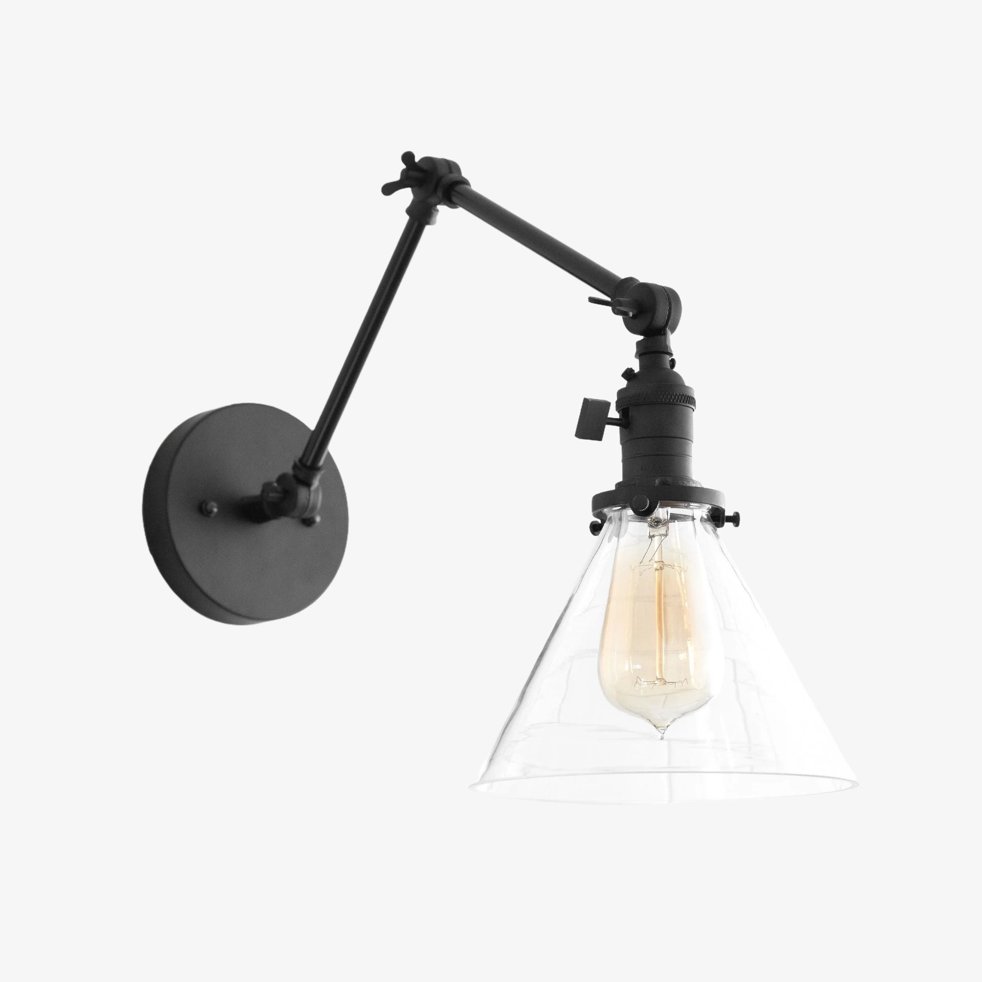 Conique Metal Industrial Wall Sconce with Adjustable Arm - Vintage Glass Cone Shade T311