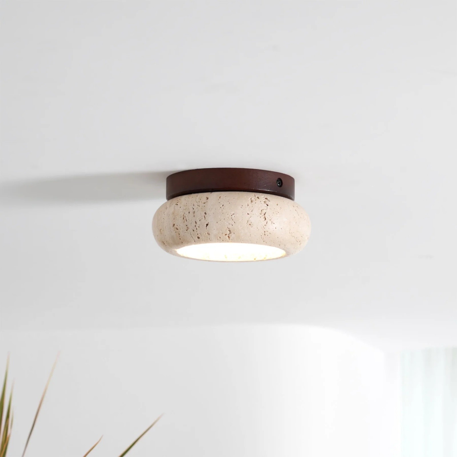 Minimal Bowl Ceiling Fixture in Stone Look - Wood Tone Base Light S299