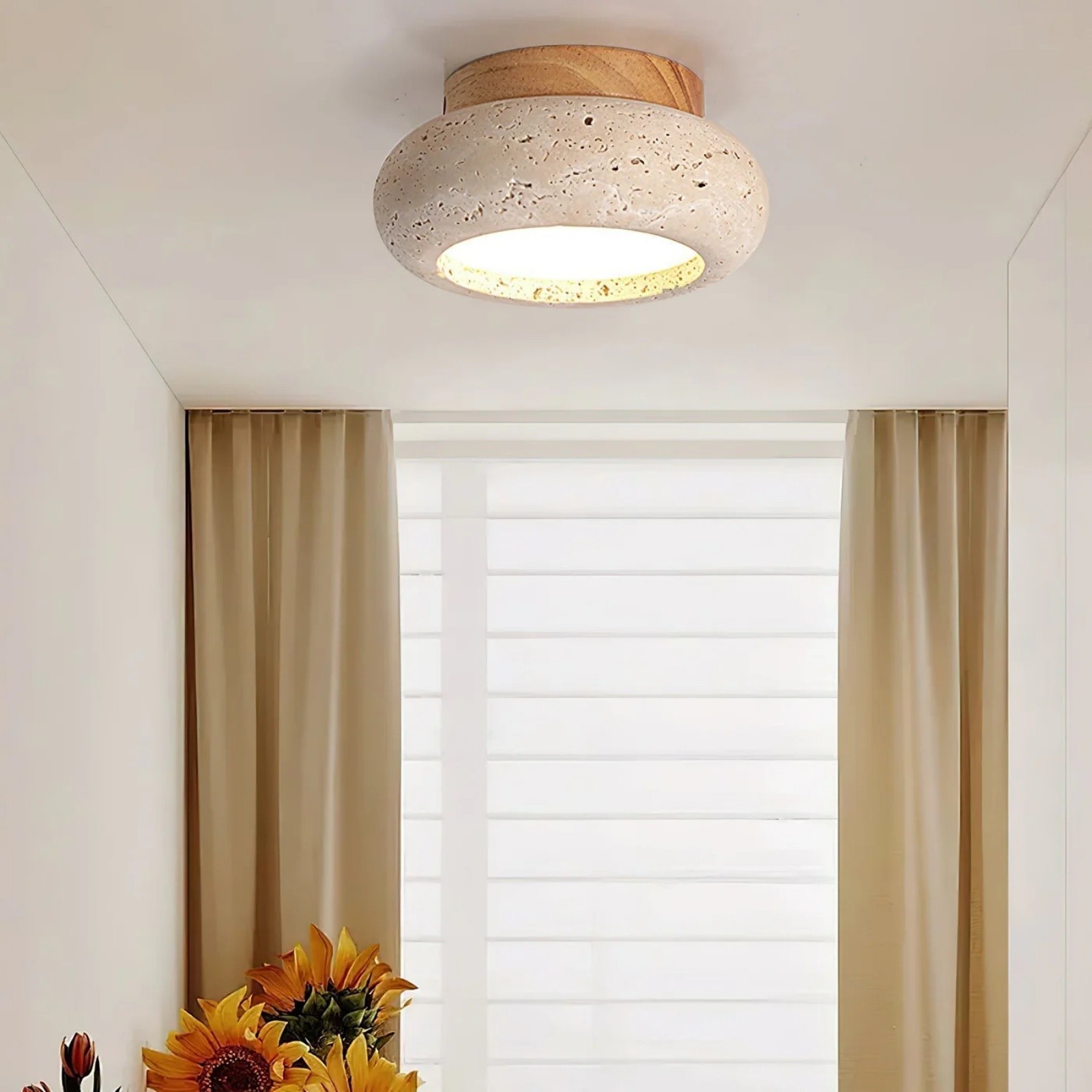 Minimal Bowl Ceiling Fixture in Stone Look - Wood Tone Base Light S299