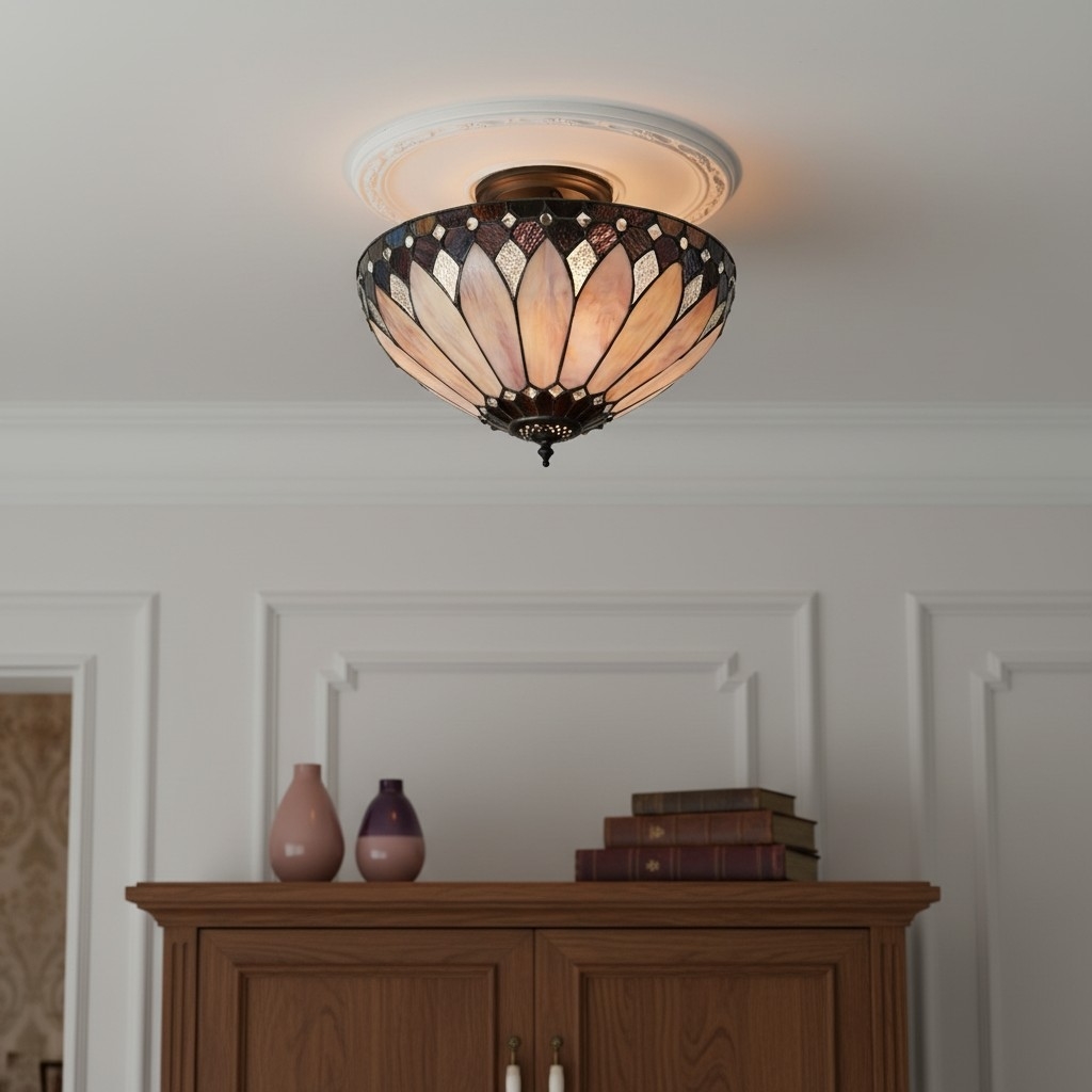 TF Brooklyn Tiffany Semi-flush Ceiling Light - Geometric Glass Shade for Hallways or Living Rooms T1042