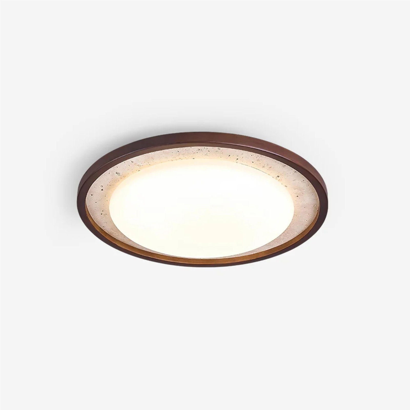 Modern Travertine Disk Flush Ceiling Light With Wood Trim S303