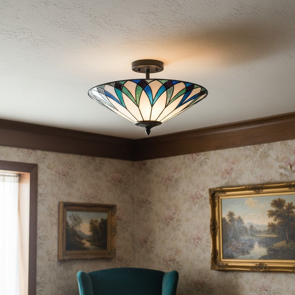 TF Allanton Tiffany Semi Flush Ceiling Light - Art Nouveau Patterned Shade for Living or Dining T1006