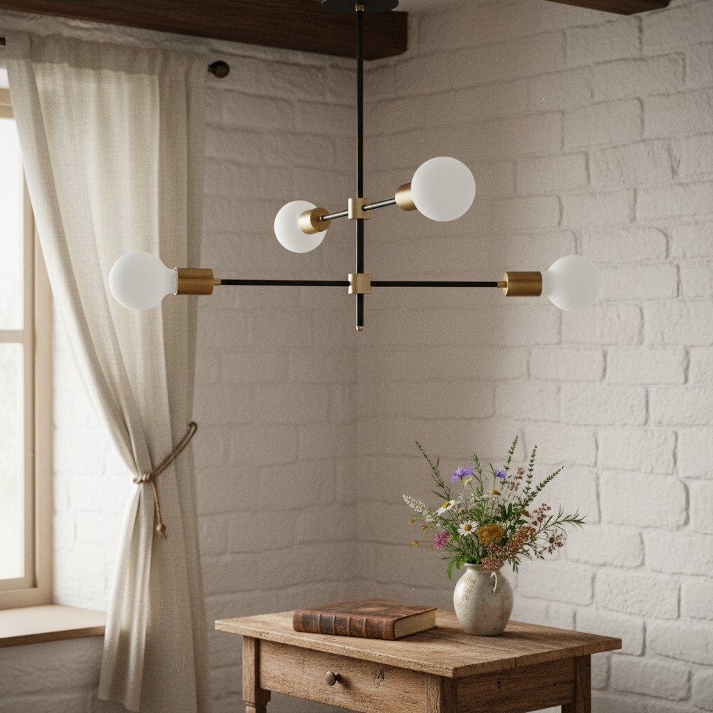 Mobilux Line Black and Brass Chandelier - Contemporary Globe Ceiling Hanging Light T337