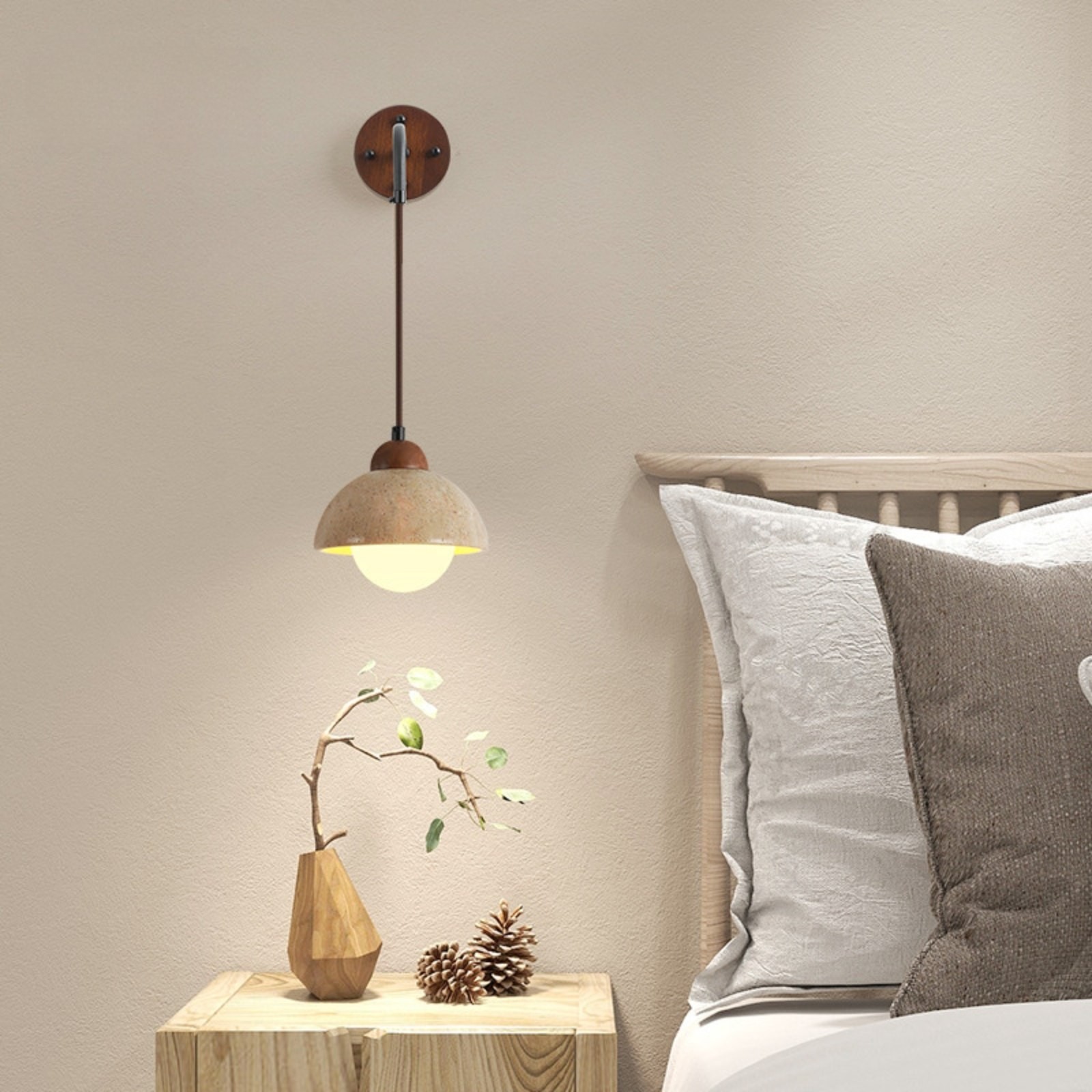 Natural Half Sphere Travertine Pendant Light With Wooden Details S309