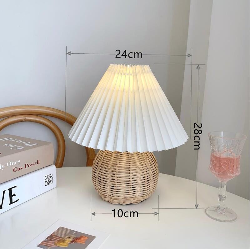 Rattan Pleated Table Lamp Cordless Bedside Lamp