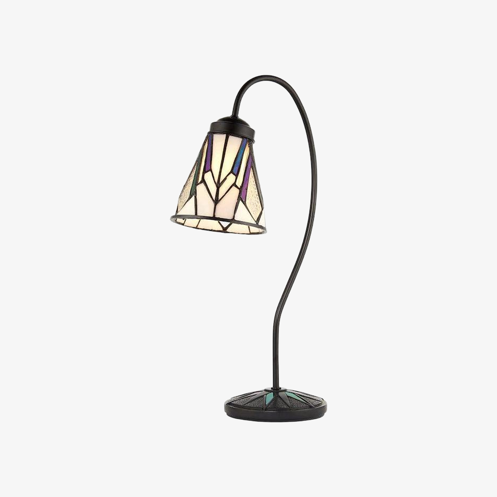 TF Astoria Tiffany Table Lamp - Curved Swan-Neck Arm Art Deco Glass Shade for Desk T1023