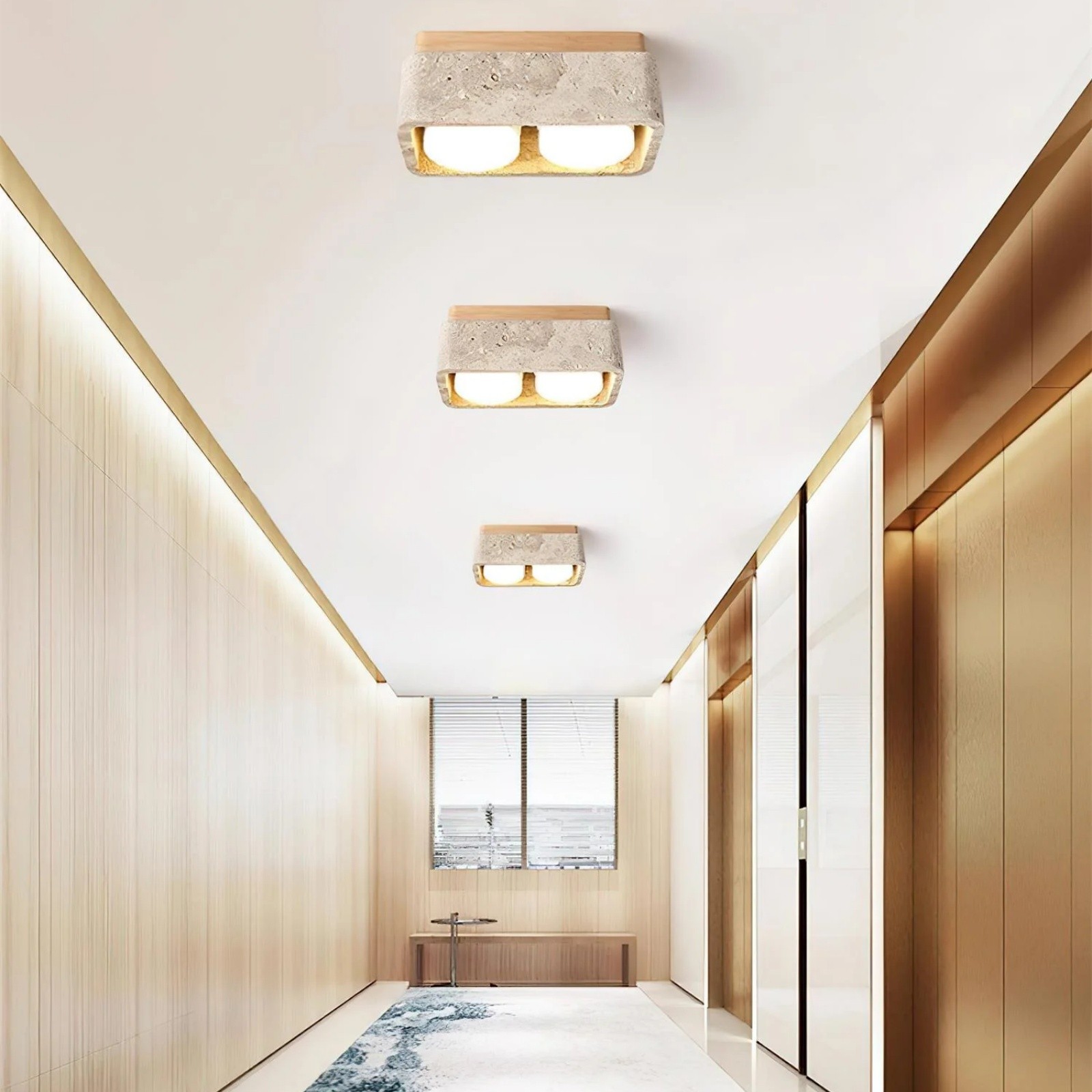 Natural Cube Design Travertine Ceiling Light With Wood Base S297