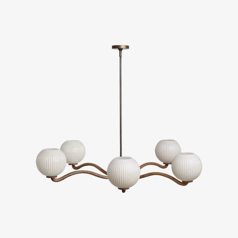 Shella Contemporary Five‑Globe Chandelier - Wood Metal Glass Pendant Lighting for Bedroom or Dining T685