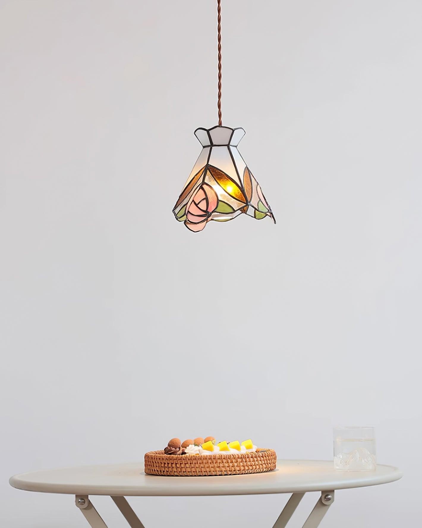 French Retro Rose Stained Glass Pendant Lamp M89