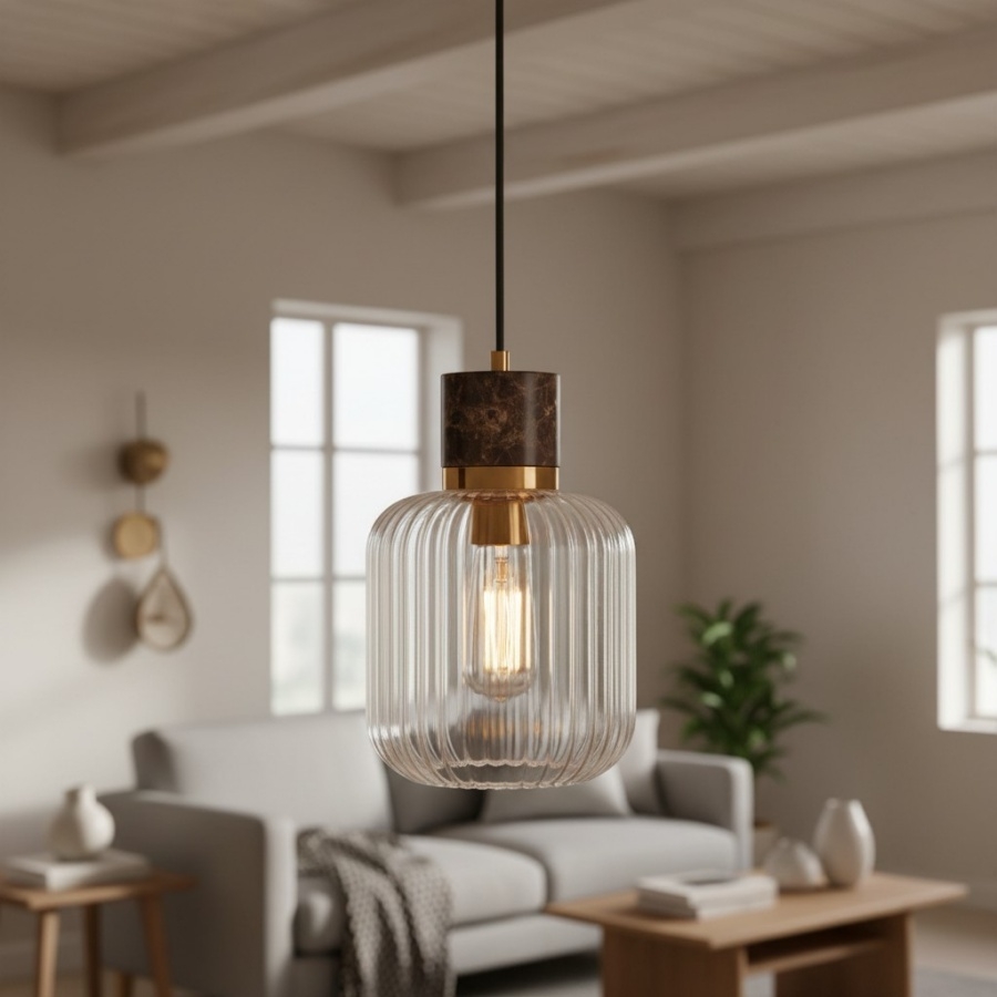 Korlisse Natural Stone and Glass Pendant Light - Stylish Lamp for Lounge or Living Room T929