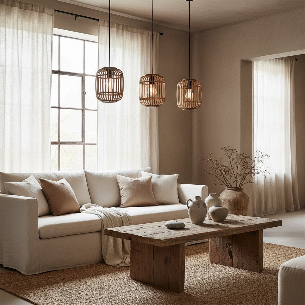 Yumeko Adjustable Bamboo Pendant Lamp - Natural Cage Ceiling Light Perfect for Living & Dining Rooms T999