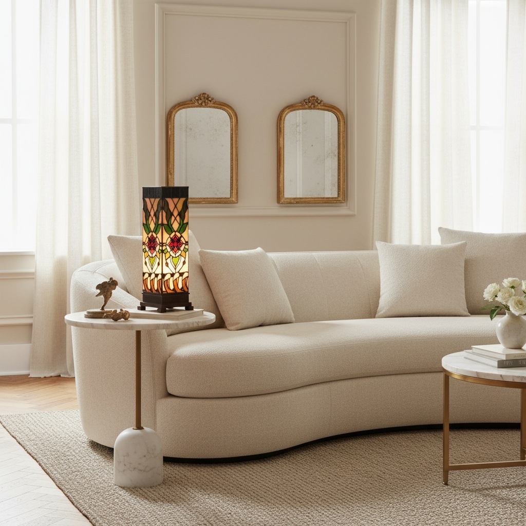 TF Angelique Art Nouveau Stained Glass Table Lamp - Handcrafted Floral Design for Living Room T905