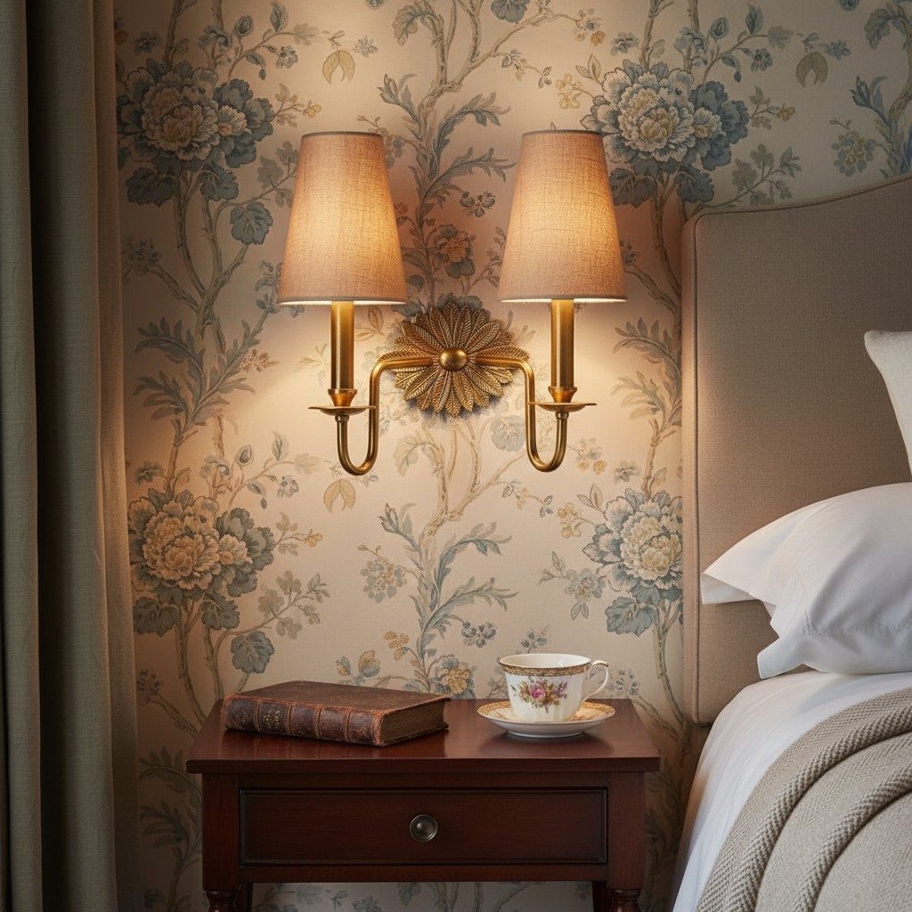 Duova Double Sconce - Antique Brass Metal and Linen Shades for Bedroom or Study T716