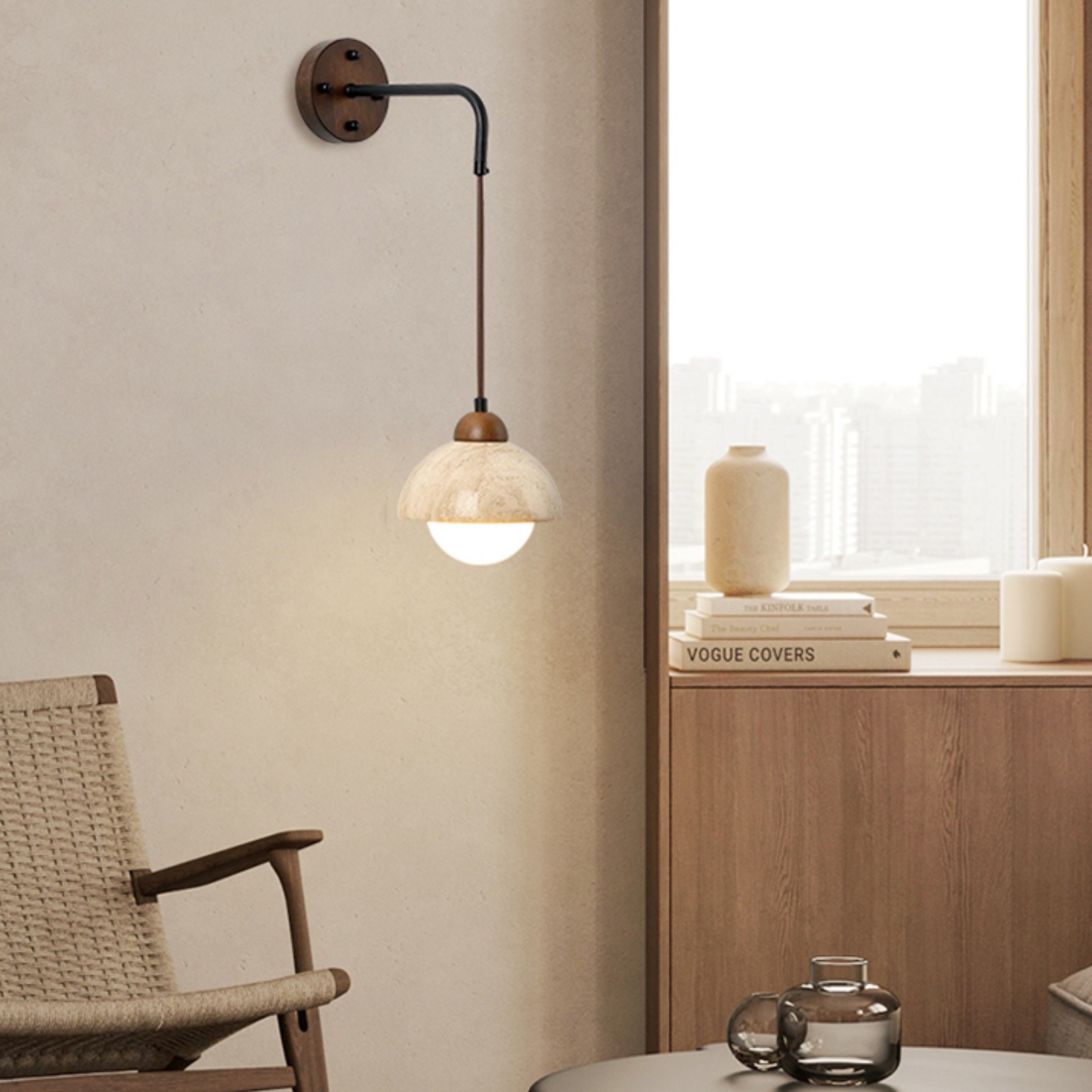 Natural Half Sphere Travertine Pendant Light With Wooden Details S309