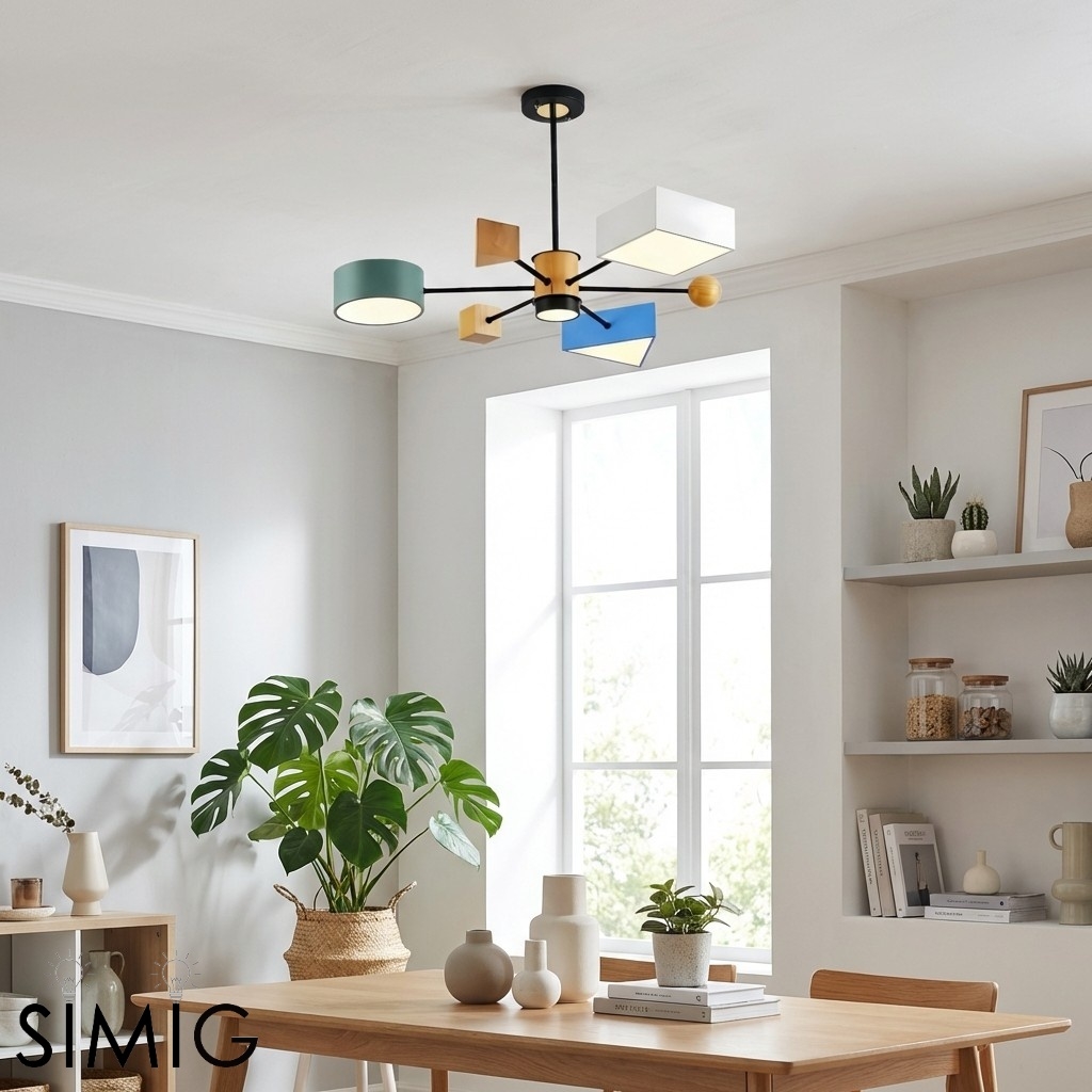 Modern Wood Block Chandelier - 4-Light Branch Style for Kids Room or Nursery S385