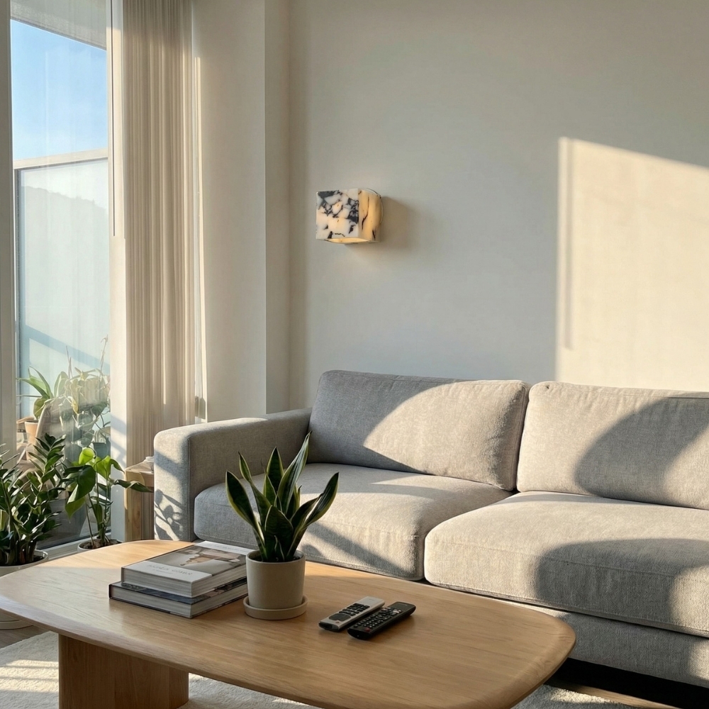 Alverra Modern Wall Sconce Geometric Stone Design - Ambient Wall Lighting for Living Space T1204
