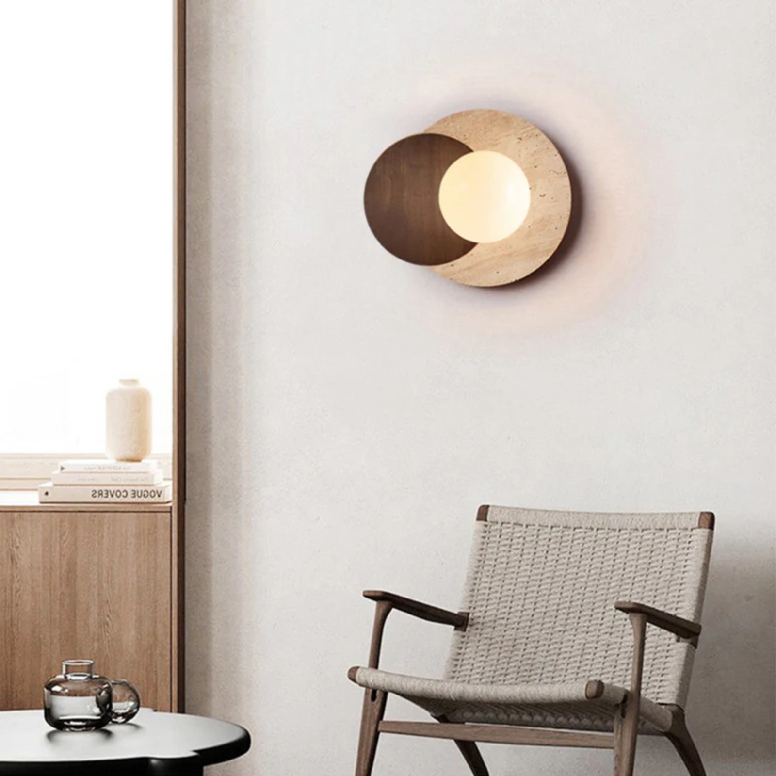 Contemporary Disc Travertine And Wood Dual Tone Wall Sconce S322