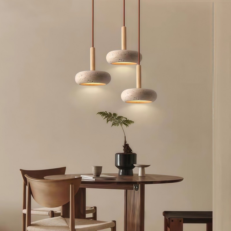 Traditional Japanese Round Wood Travertine Pendant Light G68