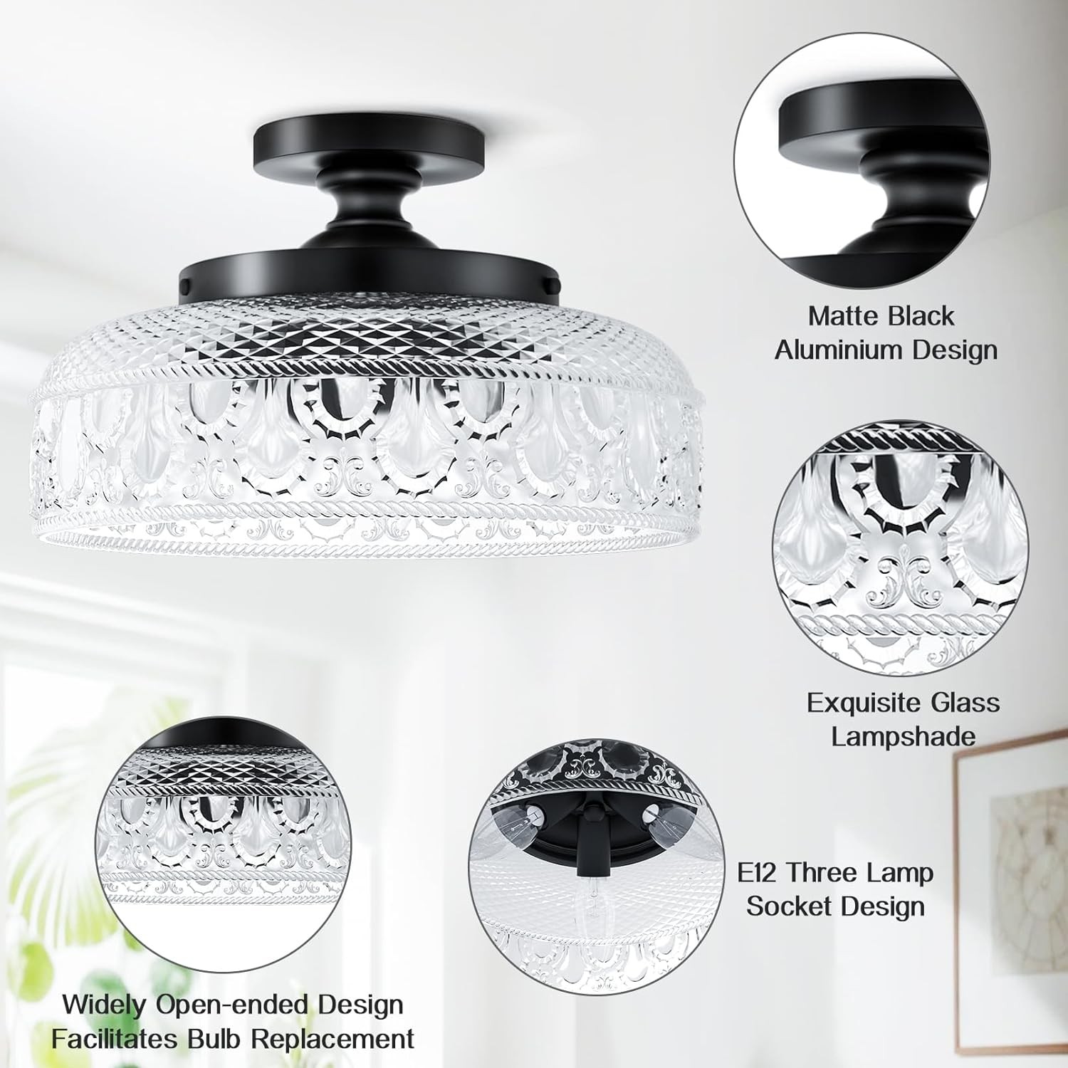 Retro Pattern Glass Semi-recessed Ceiling Lamp S203